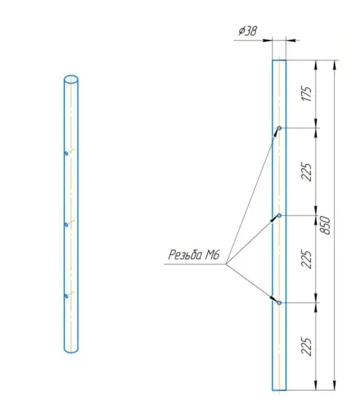 Стойка круглая AISI 304 38x1,5x950мм зерк. 3 отверстия для ригеледержателя(М6)